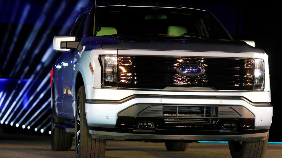 Ford Motor Company unveils their new electric F-150 Lightning outside of their headquarters in Dearborn, Michigan on May 19, 2021.