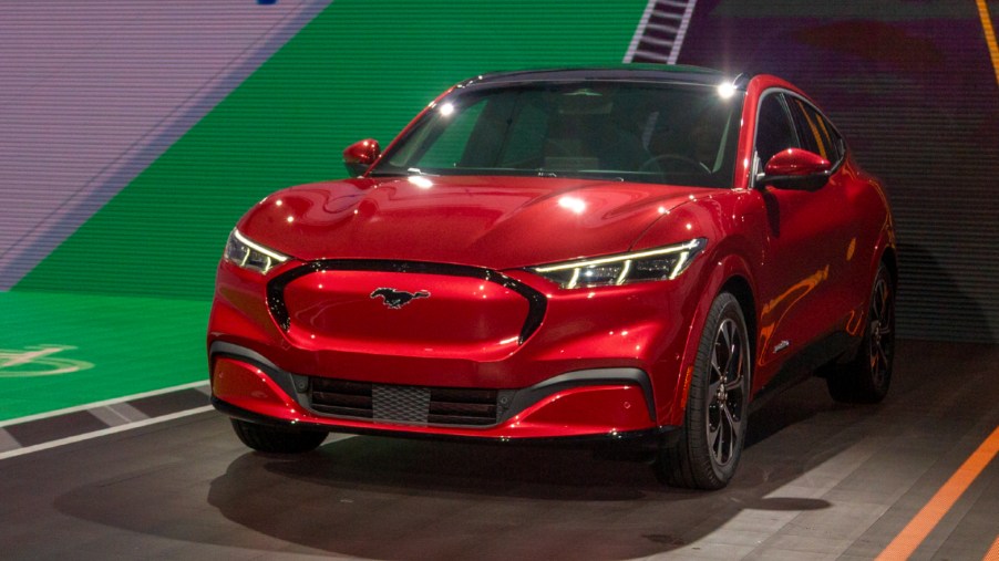 A red electric Ford Mustang Mach-E is shown at AutoMobility LA on November 21, 2019 in Los Angeles, California.