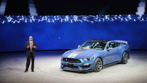 A Ford Motor Company executive introducing the new Ford Shelby Mustang GT350R model at the North American International Auto Show