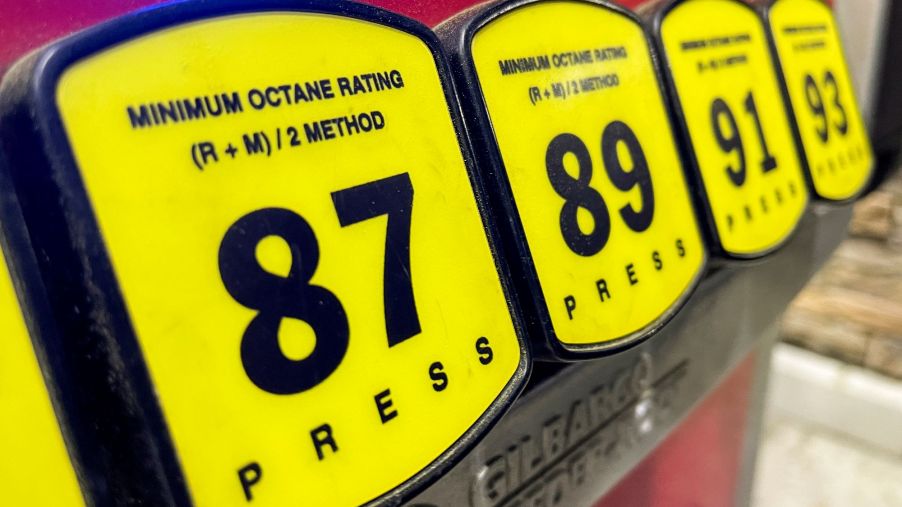 A close up of the options at gas pumps showing the 87, 89, 91, and 93.
