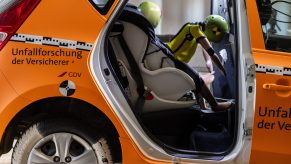 A child-sized crash dummy is tested for safety in Germany