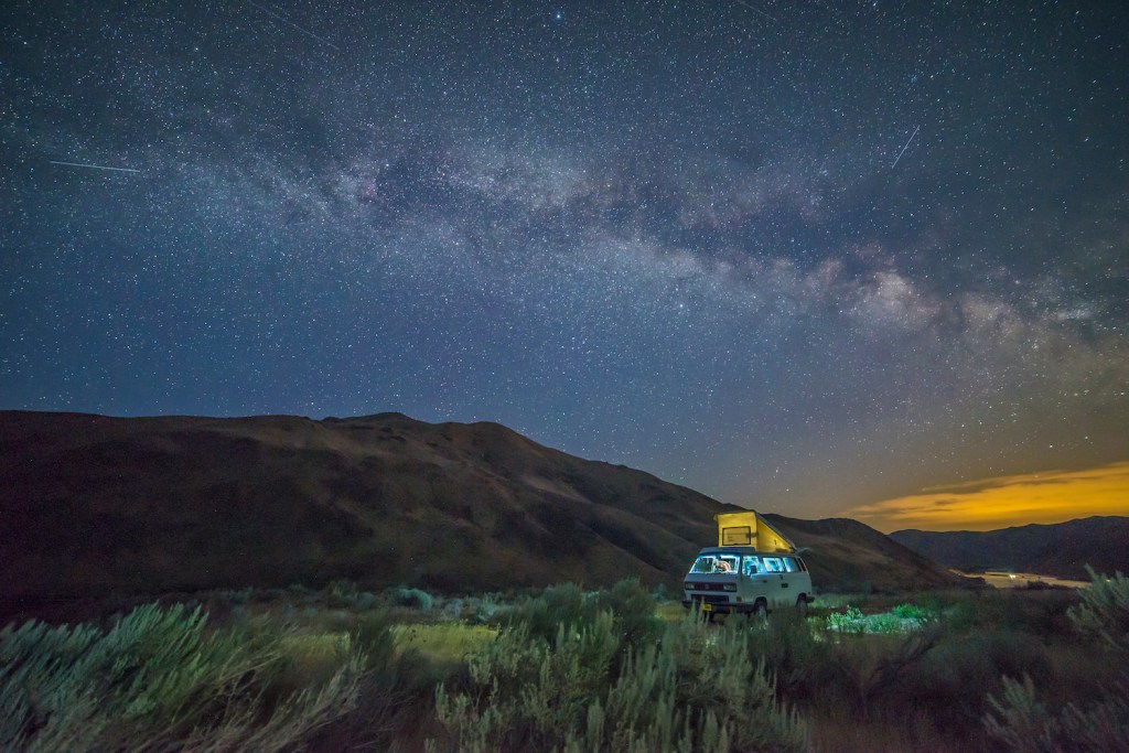 Overland Camping shelter options: VW Westfalia camped overlooking the Snake River above Spring Recreation Site near Huntington, Oregon.