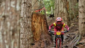 A woman rides a bicycle in the woods.