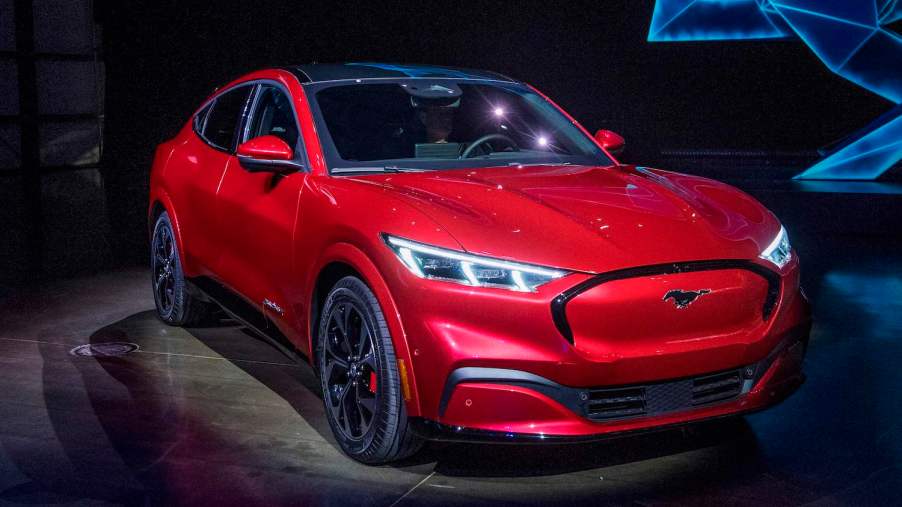 Ford reveals its first mass-market electric car the Mustang Mach-E, which is an all-electric vehicle that bears the name of the companys iconic muscle car at a ceremony in Hawthorne, California on November 17, 2019. - This is Ford's first serious attempt at making a long-range EV and will be the flagship of a new lineup that will include an electric F-150 pickup truck.