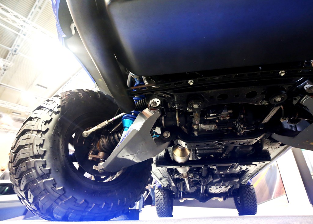 Off-road suspension seen on a modified truck