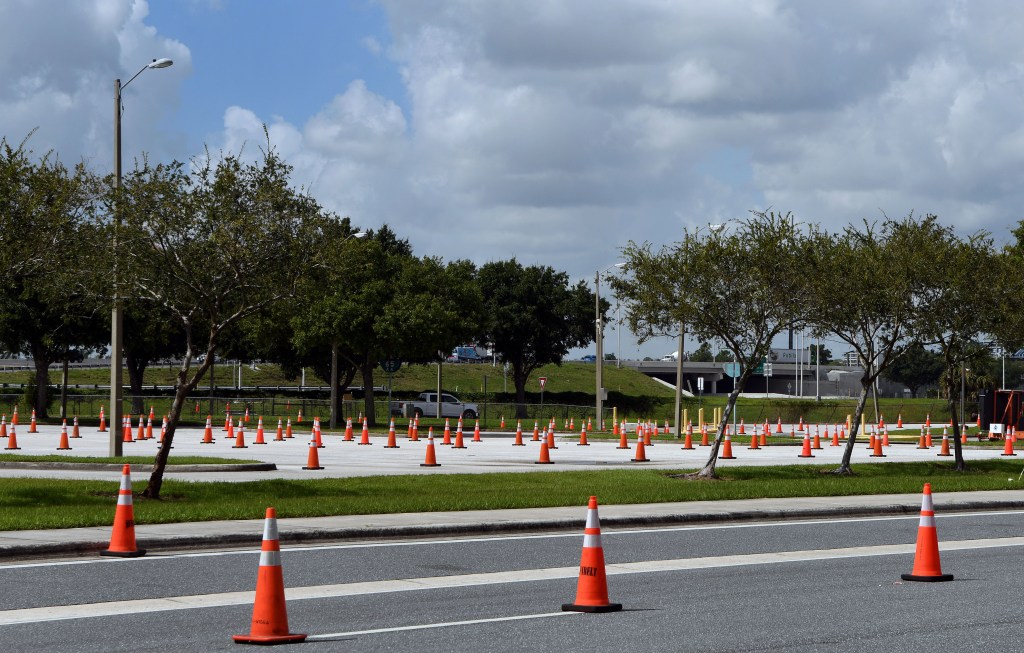 A sea of cones in a parking lot