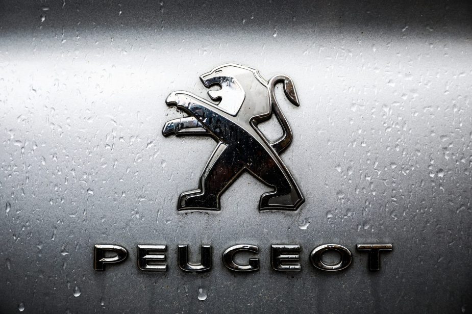 The Peugeot logo in the rain
