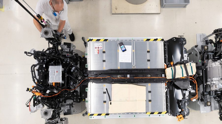 EV batteries are seen in a Volkswagen electric vehicle during assembly