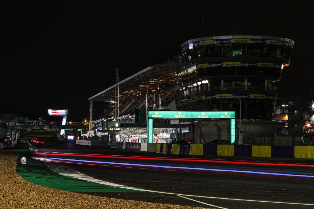 LE MANS, FRANCE - AUGUST 21: Night time action at the Le Mans 24 Hour Race on August 21, 2021 in Le Mans, France before a Ferrari lost a wheel at Le Mans 2021. (Photo by James Moy Photography/Getty Images)