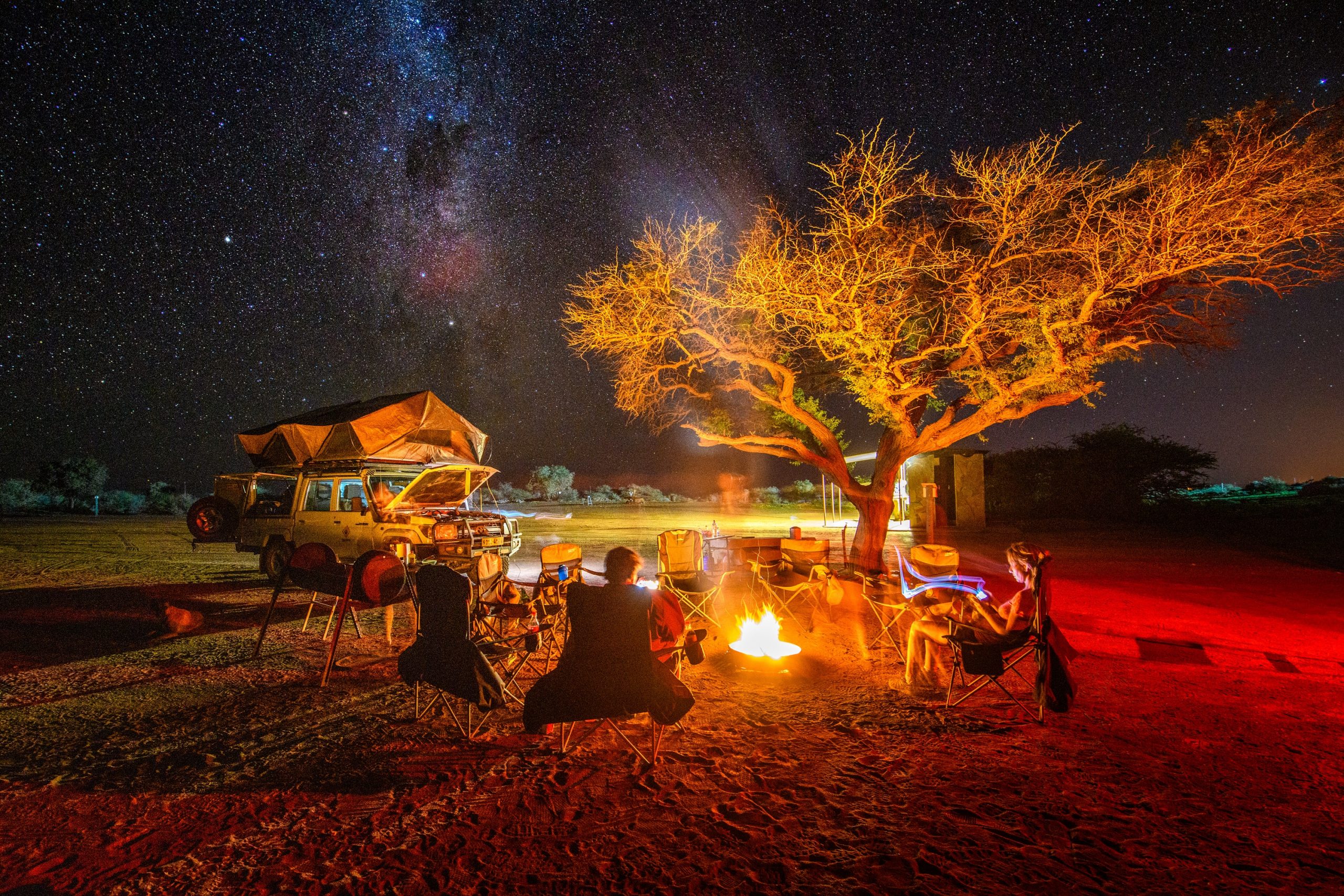 A group sits around a campfire under the milkway
