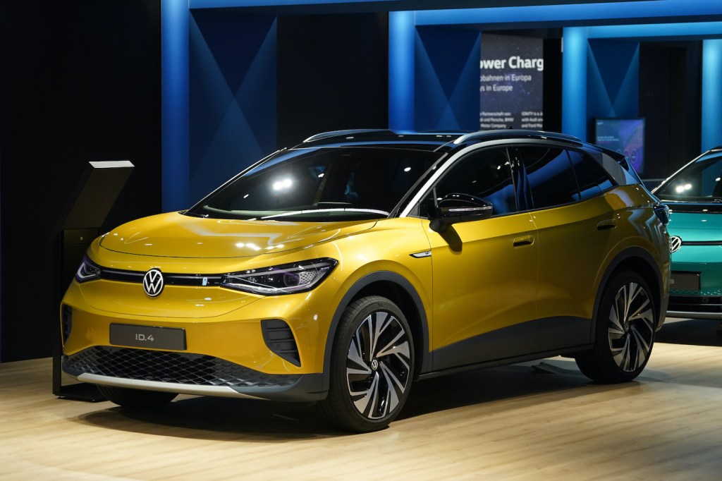 A yellow Volkswagen ID.4 on display in Germany. The Volkswagen ID.4 is one of the Best Electric SUVs of 2021