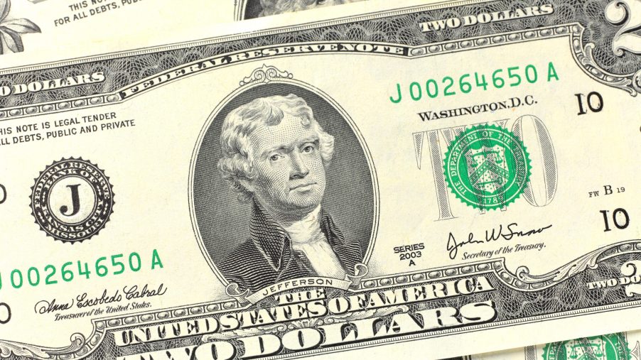 A close-up of a two dollar bill