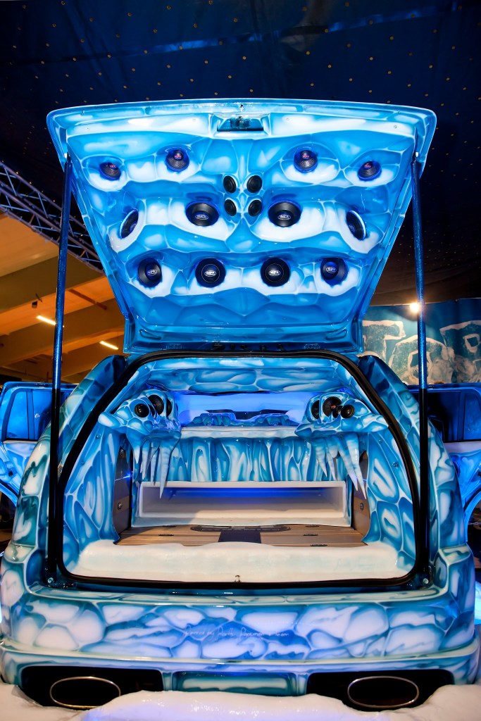 Ice painted cool music car from behind