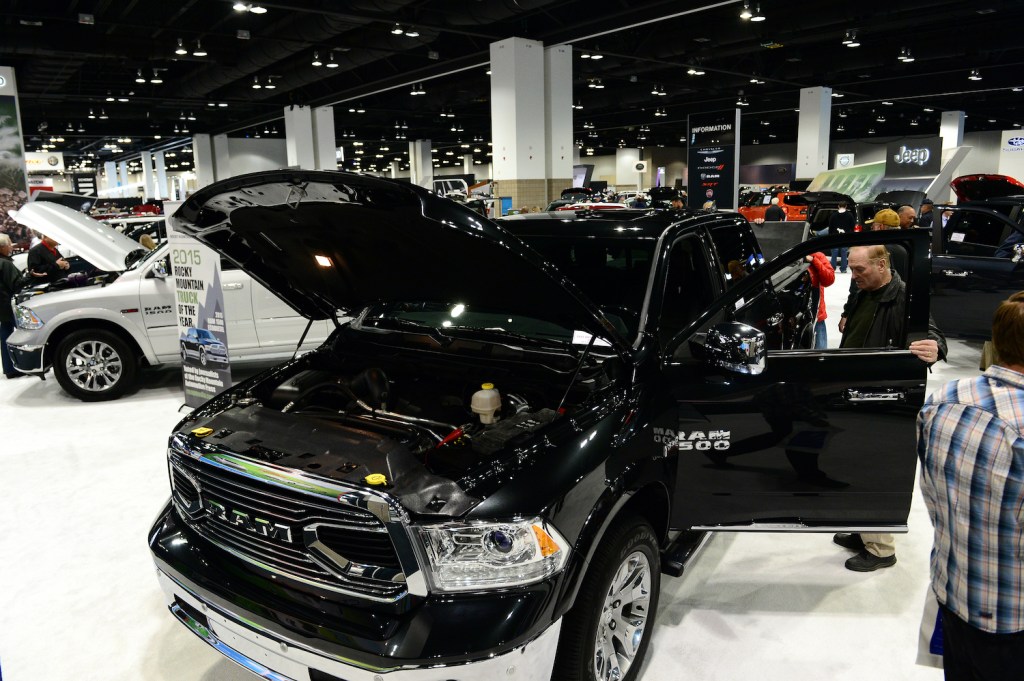 2015 Black Dodge Ram 1500 with a Hemi 5.7 liter engine--one of the best truck V8 engines--at the Denver Auto Show  in Denver,  Colorado on April 9, 2015. The show has over 500 cars and 40 different carlines shown in 400,000 sq. feet at the Colorado Convention Center.  The show runs through Sunday. (Photo By Helen H. Richardson/ The Denver Post)