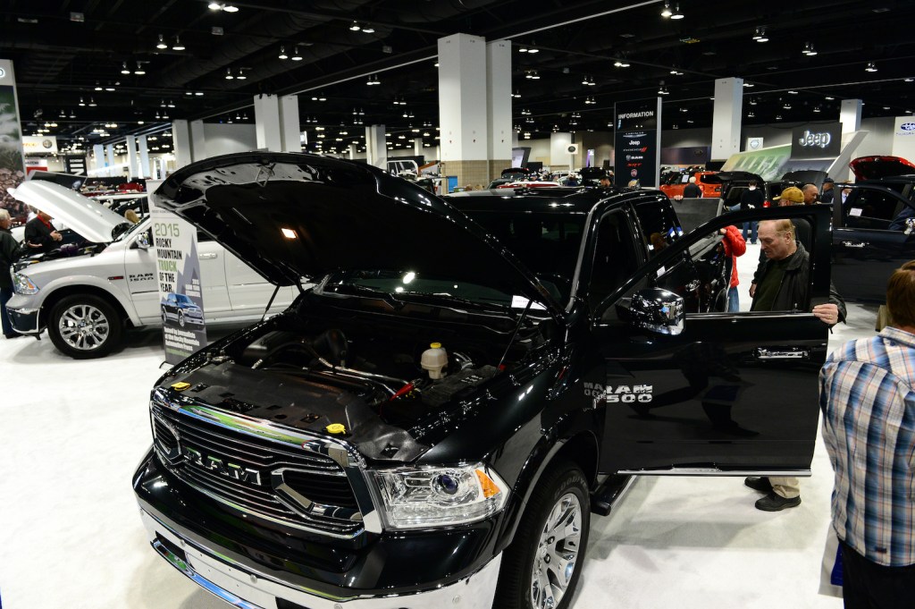 2015 Black Dodge Ram 1500 with a Hemi 5.7 liter engine--one of the best truck V8 engines--at the Denver Auto Show in Denver, Colorado on April 9, 2015. The show has over 500 cars and 40 different carlines shown in 400,000 sq. feet at the Colorado Convention Center. The show runs through Sunday. (Photo By Helen H. Richardson/ The Denver Post)