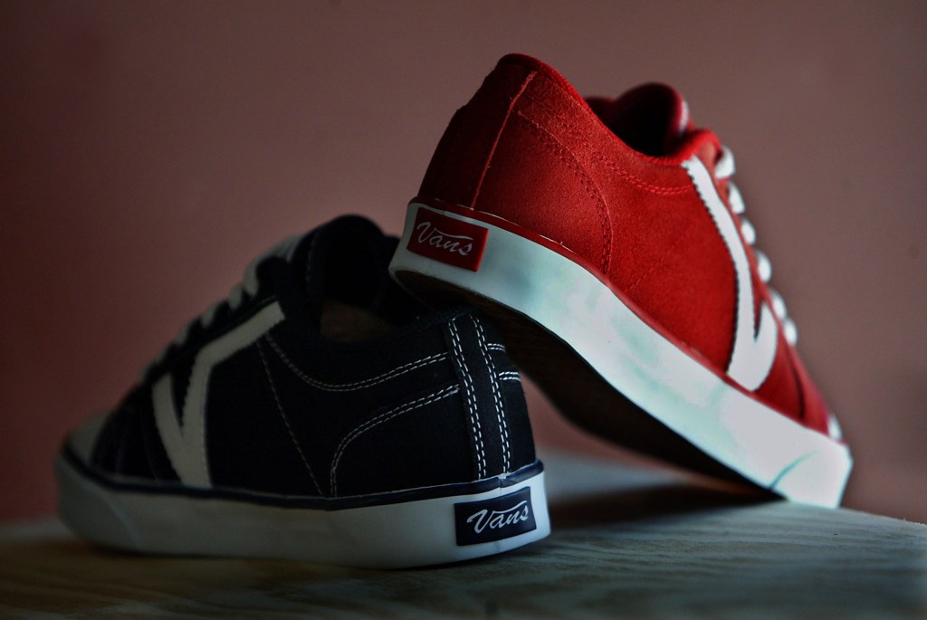 Two red and black Vans skate shoes