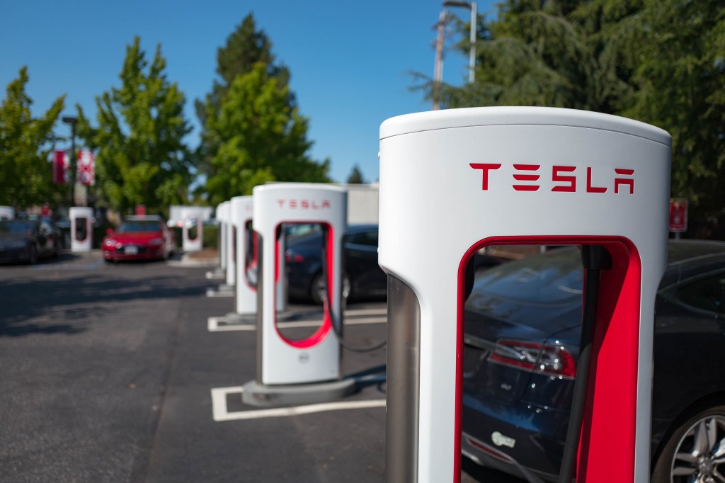 A row of Tesla Superchargers in California