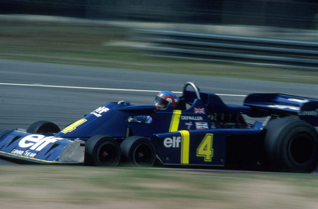 Patrick Depailler hoons the blue and yellow Elf P34 around Zolder in 1976 