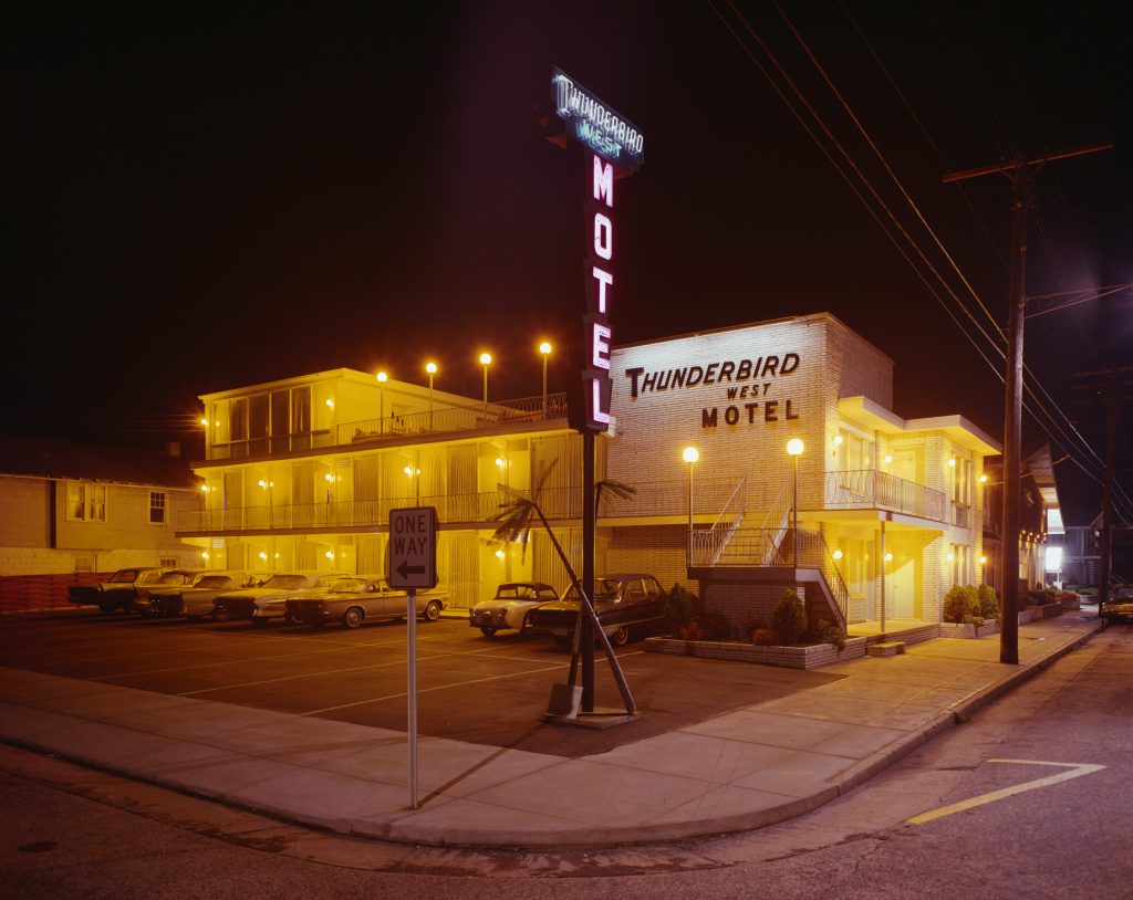 Nighttime view of the Thunderbird West Motel Road Trip stop