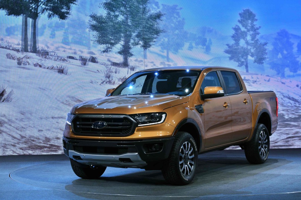 2019 Ford ranger in orange at a press event