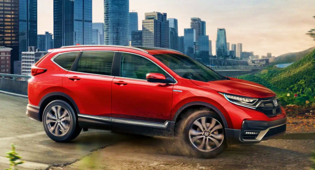 A red Honda CR-V Hybrid. 