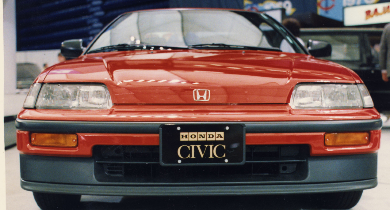 A red 1989 Honda Civic CRX.