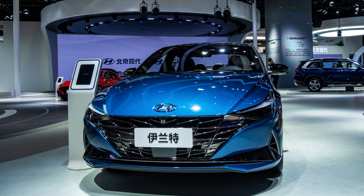 A blue Hyundai Elantra car is on display during the 19th Shanghai International Automobile Industry Exhibition.