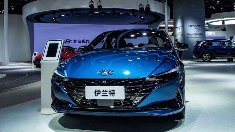 A blue Hyundai Elantra car is on display during the 19th Shanghai International Automobile Industry Exhibition.