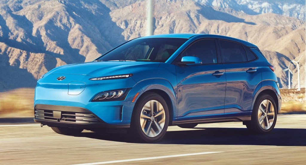 a blue Hyundai Kona Electric SUV.