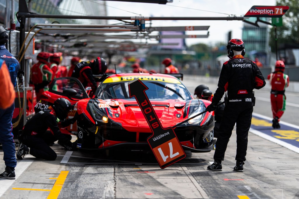 This is Inception Racing's #71 Ferrari pitting at an endurance racing event like the 24 Hours of Le Mans where this Ferrari lost a wheel at Le Mans 2021. Photo by Ferrari