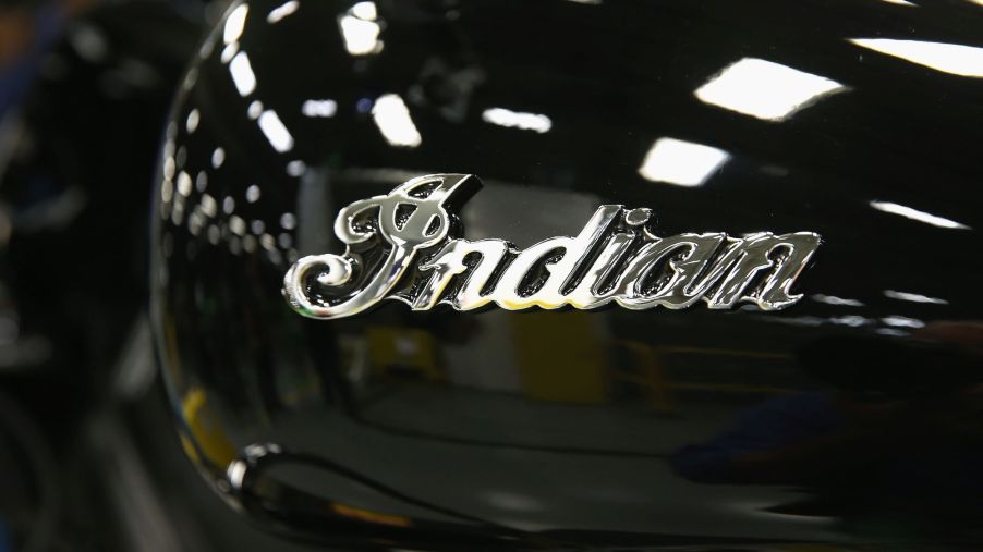 Indian Motorcycle's name written on a black motorcycle tank.
