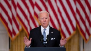 US President Joe Biden speaks about the Taliban's takeover of Afghanistan from the East Room of the White House August 16, 2021, in Washington, DC.