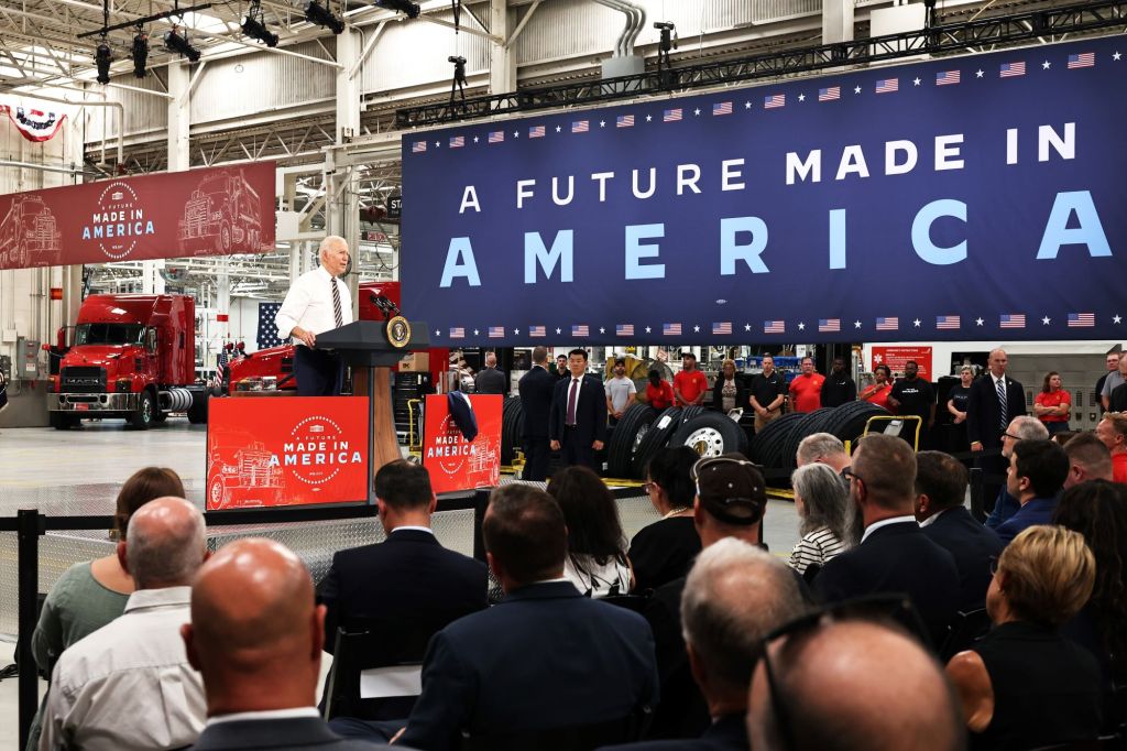 Joe Biden at the Mack Truck Lehigh Valley Operations factory in Macungie, Pennsylvania
