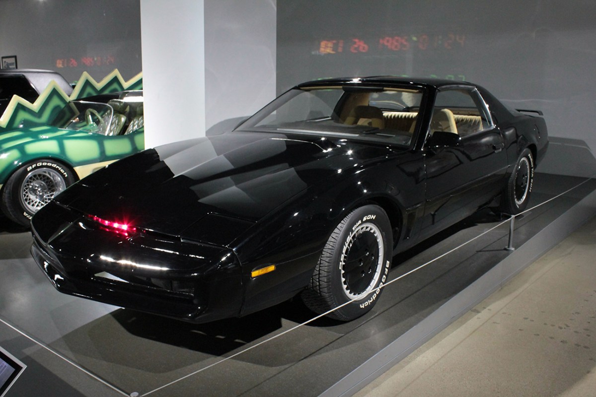 The car "K.I.T.T." from the 1980s television show "Knight Rider" seen on display in a museum.