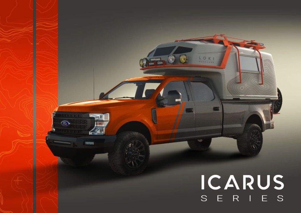The front of the Icarus camper, mounted on a Ford F-series truck, with roof rack and lightbar