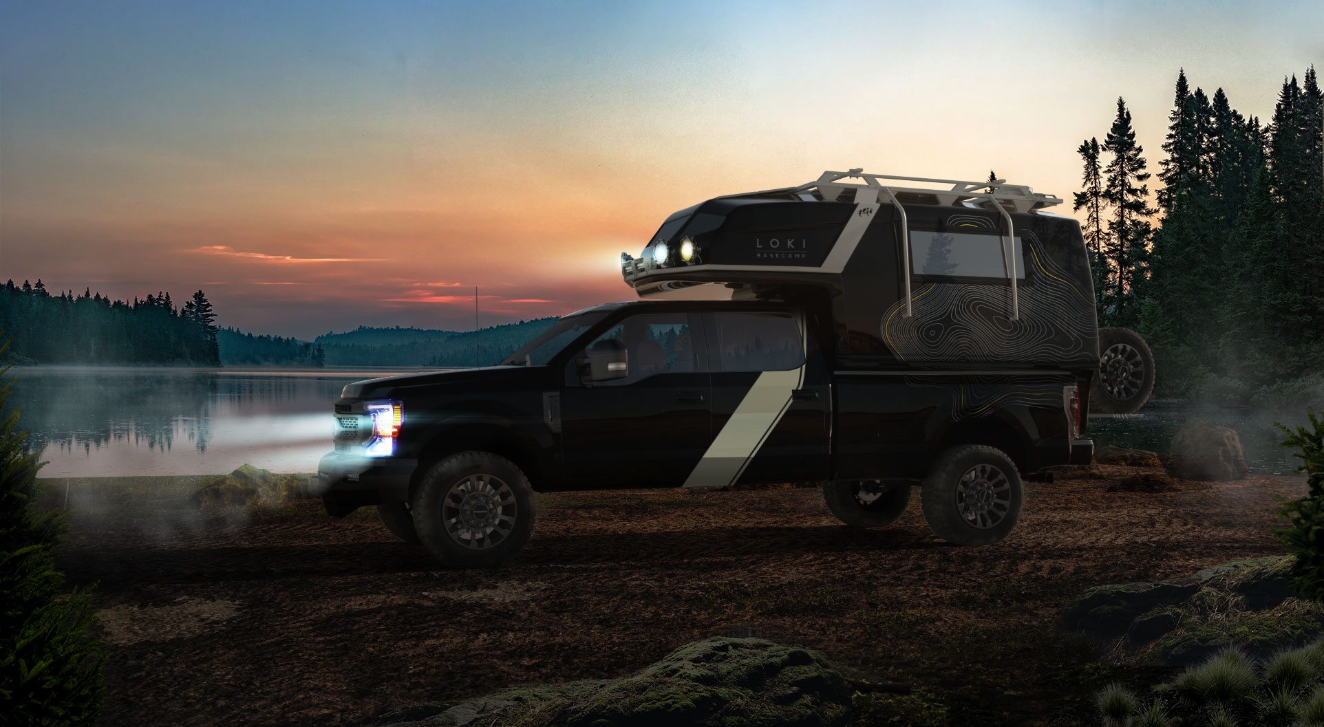 A rendering of the Loki Basecamp Icarus truck bed camper at a lake