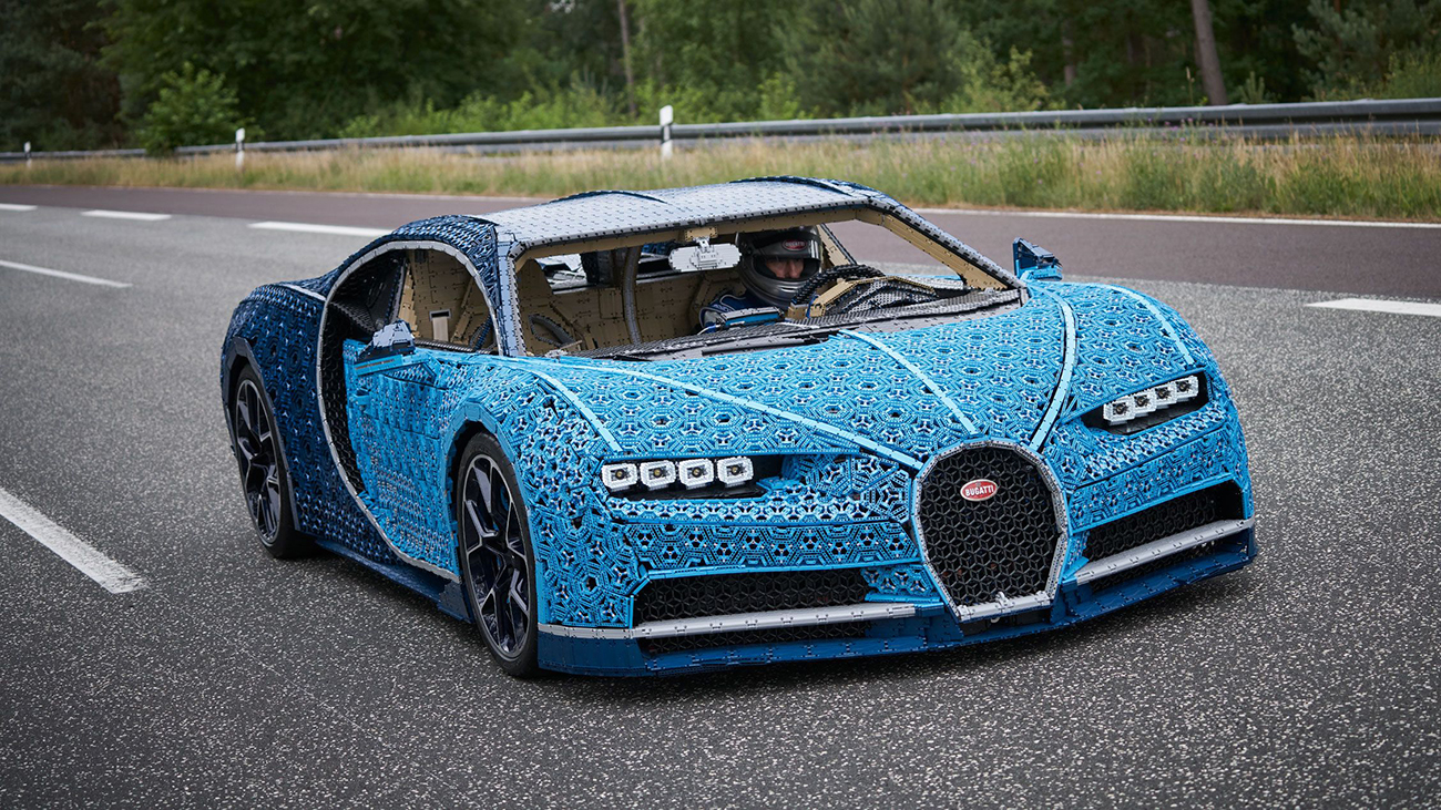 A life-sized replica of a Bugatti Chiron made out of Lego pieces.