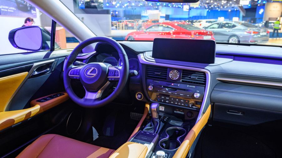 The luxury interior of a Lexus RX 450h SUV model