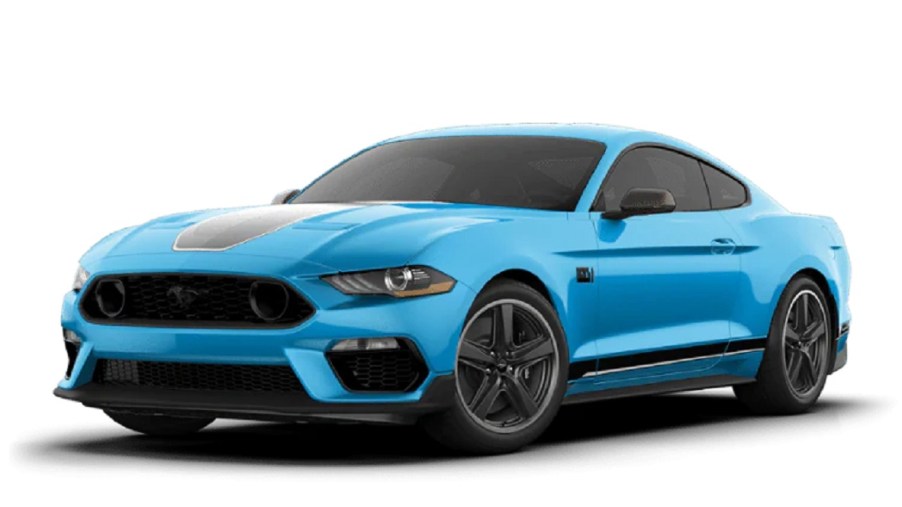 A blue 2021 Ford Mustang Mach-E against a white background.