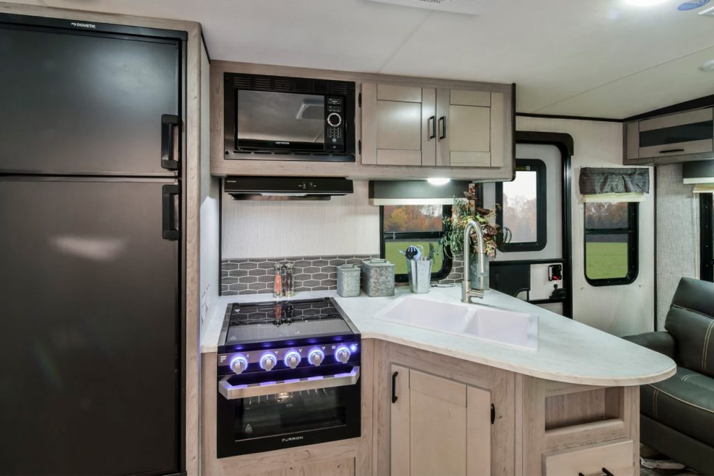 the refrigerator of a Mallard travel trailer