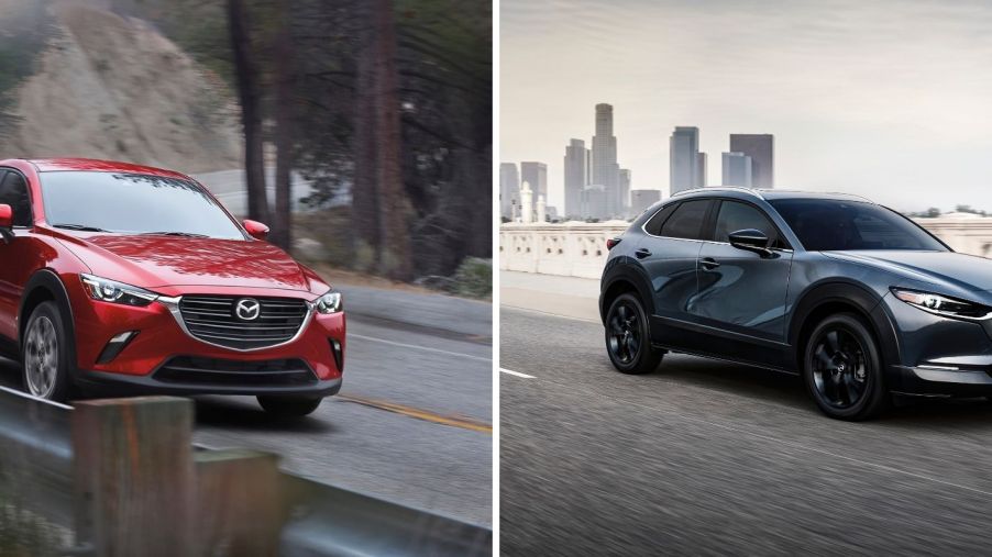 The Mazda CX-3 in red and the Mazda CX-30 in gray