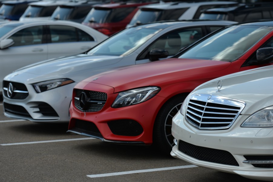 New Mercedes-Benz cars parked outside a dealership in August 2021 in Edmonton, Alberta, Canada