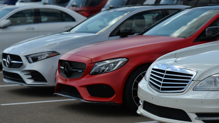 New Mercedes-Benz cars parked outside a dealership in August 2021 in Edmonton, Alberta, Canada