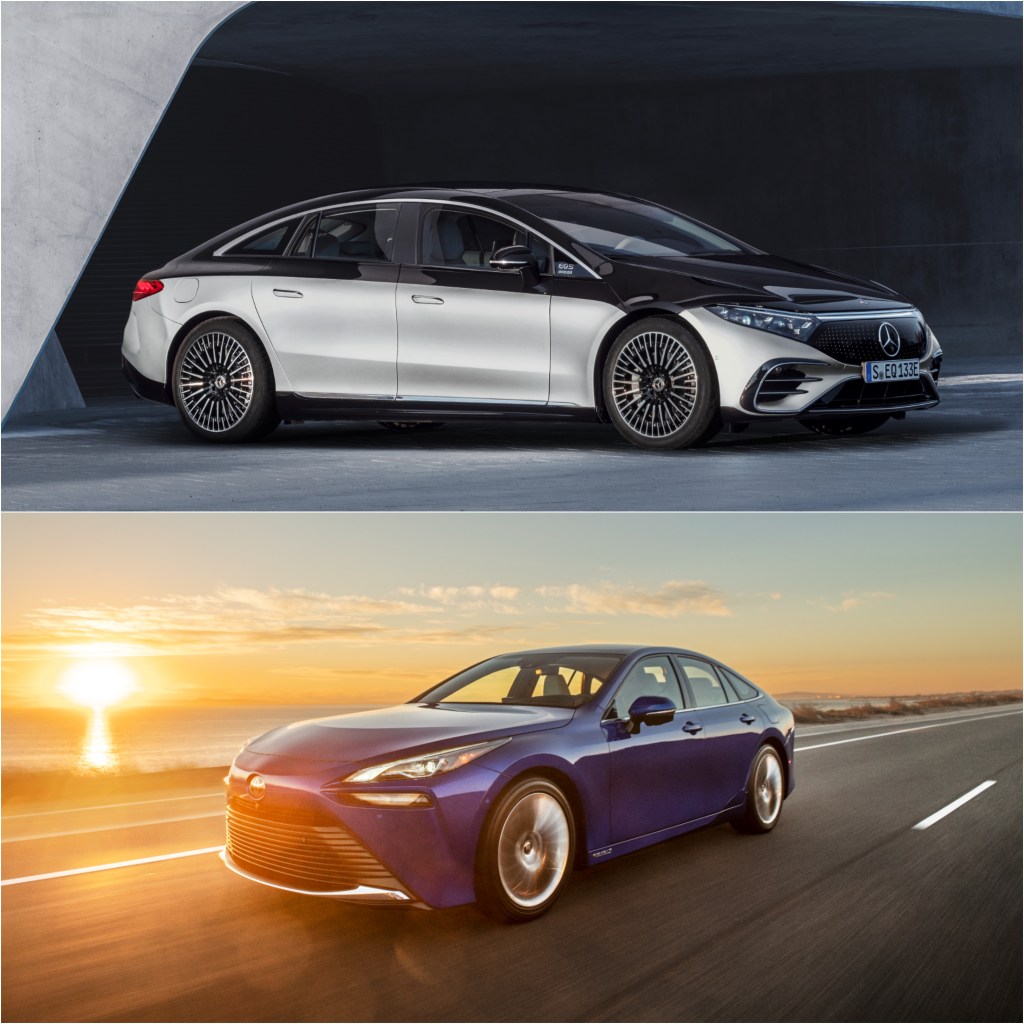 Mercedes EQS Electric Car and Toyota Mirai Hydrogen Fuel Cell Car
