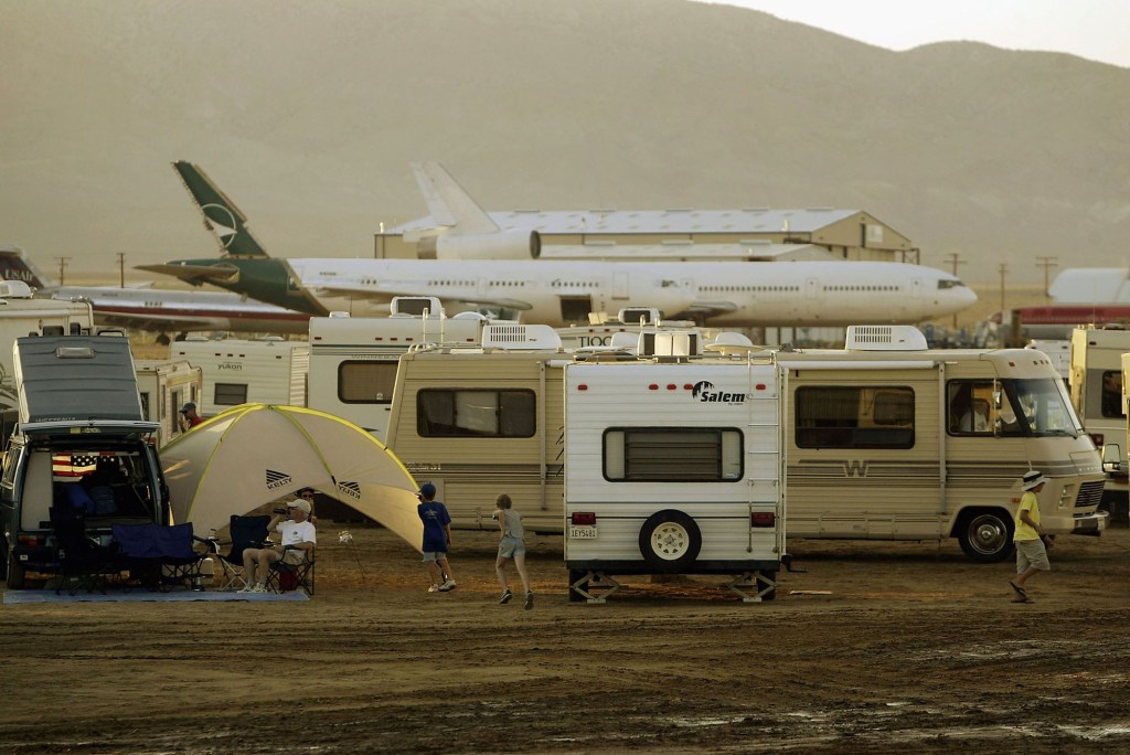 The Mojave Airport filled with airliners, planes, and RV campers in Mojave, California