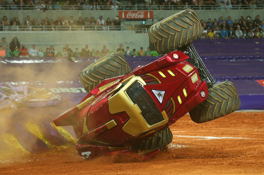 The monster truck Iron Man crashes during Monster Jam on October 4, 2014, in Melbourne, Australia