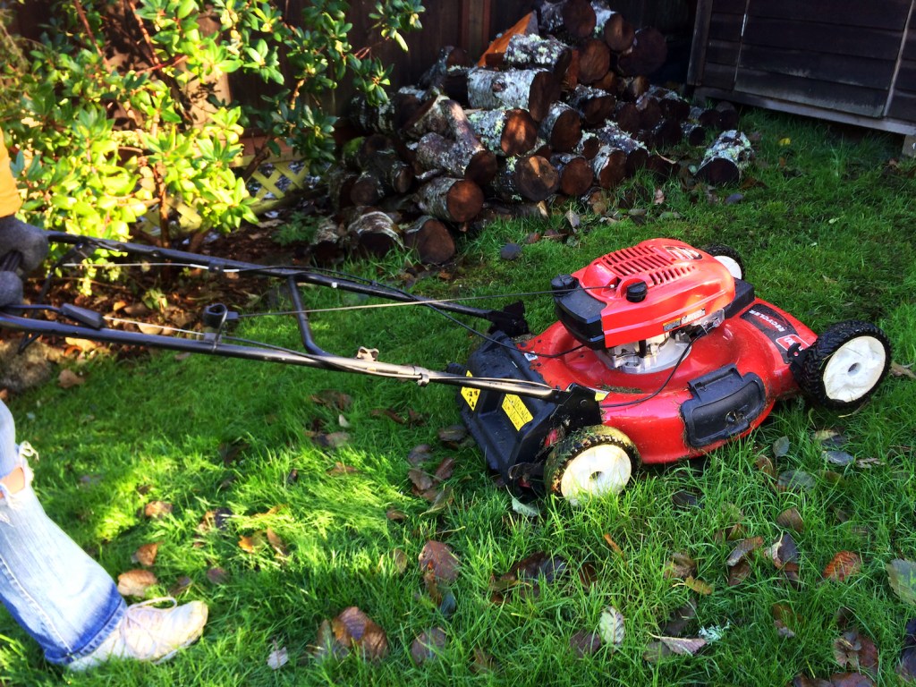 A person mowing the lawn in fall, while also mulching leaves with a lawn mower