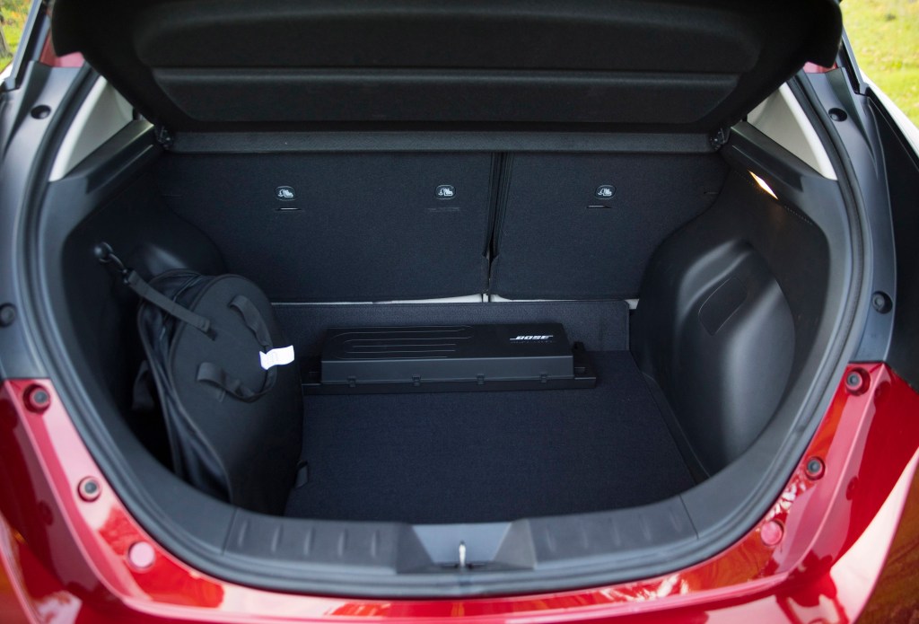 The rear hatch of the Leaf, fitted with a Bose subwoofer