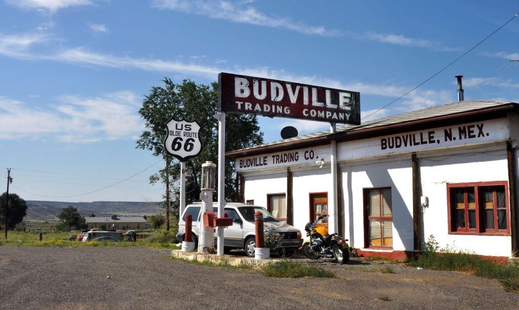 An old Budville Trading Company gas station in Budville, New Mexico