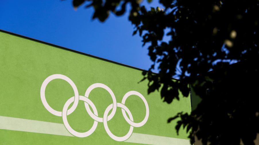 White Olympic rings painted on a green building with a blurred tree in the foreground to the left.